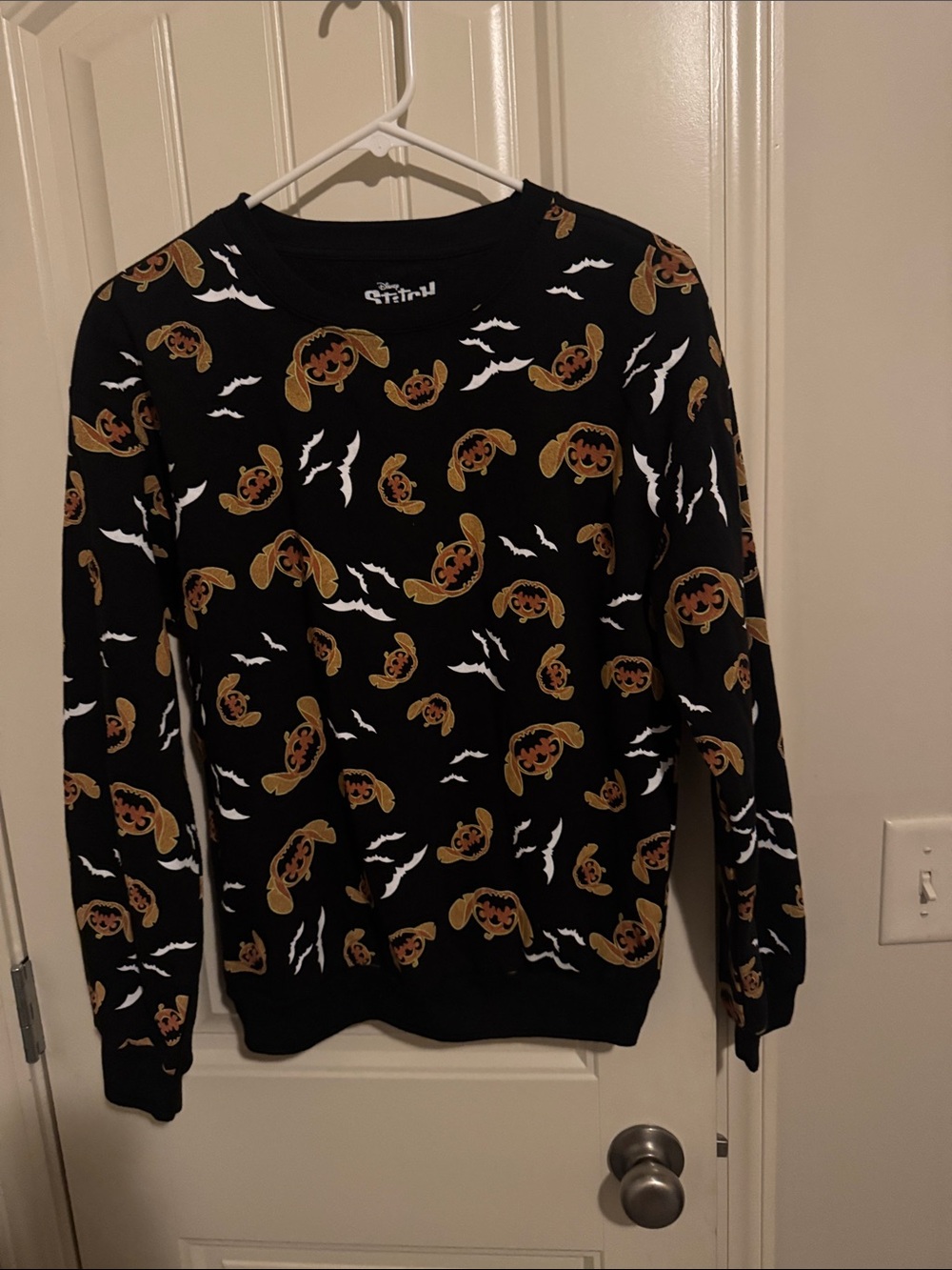 Disney Black Sweatshirt with Stitch Gold Pumpkin and White Bat Motif